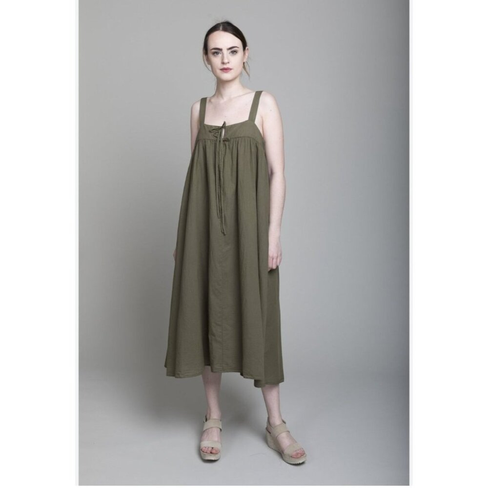 Xirena Olive Green Sleeveless Midi Dress Adjustable Tie Front Flowy Fit Cotton M